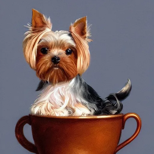 Image similar to teacup yorkshire terrier sitting on teacup, in teacup portrait art by donato giancola and greg rutkowski, realistic face, digital art, trending on artstation, symmetry