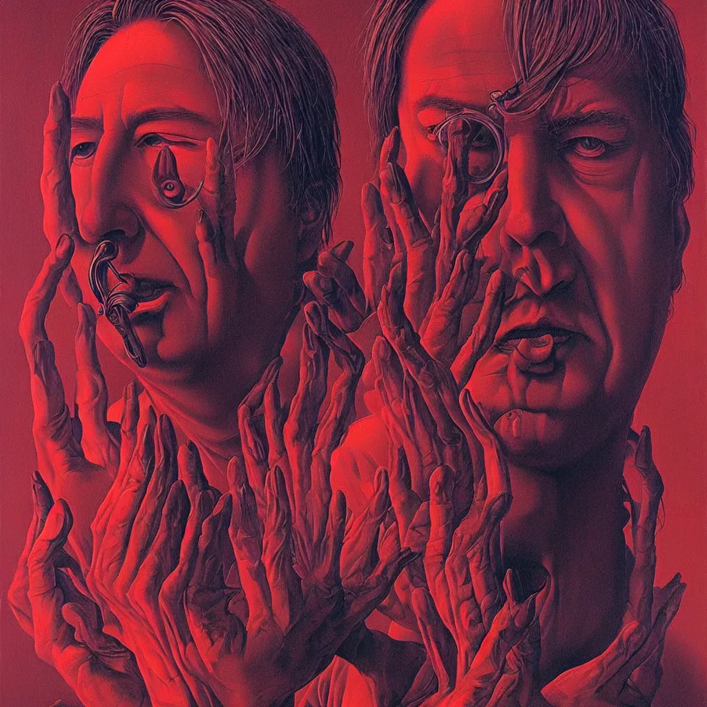 Prompt: psychedelic portrait of bill hicks smoking in the style of hans giger, alex grey, lynchian atmosphere, film noir, concept art, art by kuvshinov ilya and zdislav beksinski and wayne barlowe, vivid colors