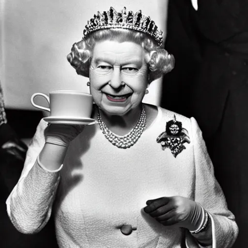 Image similar to Queen Elizabeth with giant hands holding a teacup