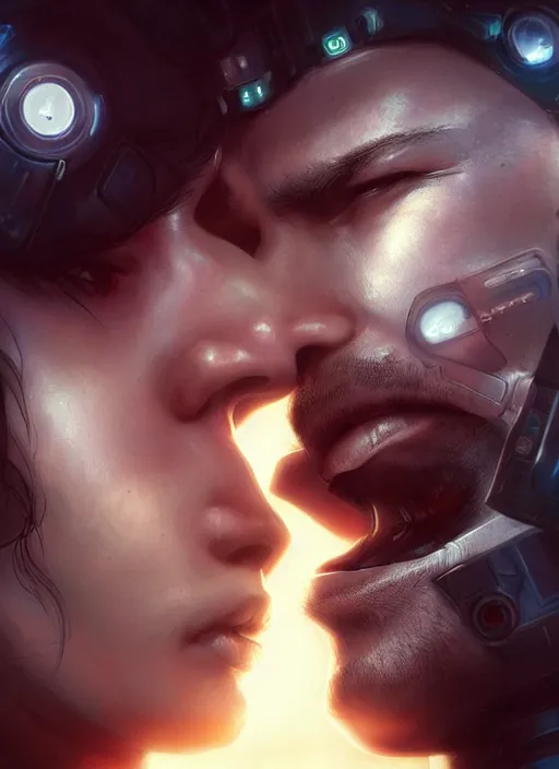 Image similar to ultra realistic close - up of a couple of cyborgs kissing, lovers, cyberpunk, sci - fi, fantasy, kodak, led color, flare, soft light, night, highly detailed, digital painting, concept art, sharp focus, illustration, art by artgerm and greg rutkowski