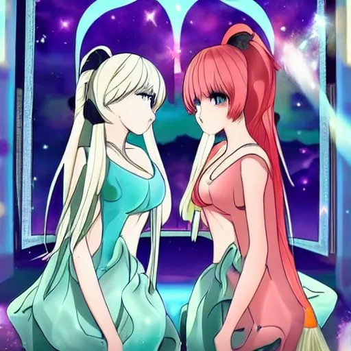 Image similar to two beautiful queens facing each other over a thrown, detailed anime art