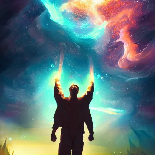 Image similar to digital painting of a man ascending to galactical bliss, stars and nebulas behind, dynamic lighting, cinematic shot, concept art, sci - fi, fantasy, artstation