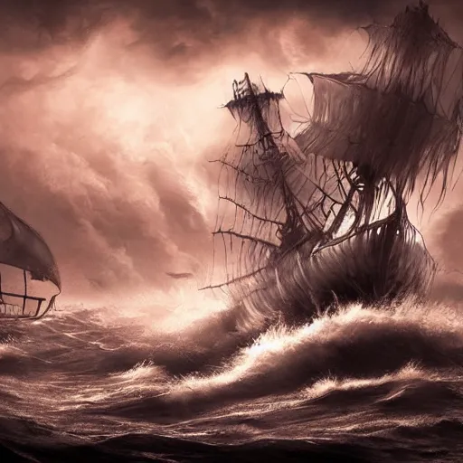 Image similar to ghostly pirate ship sailing on a raging sea, concept art, highly detailed, ultra realistic, intricate, dark colour, tense atmosphere, night sky, shining sea, wrecked ship