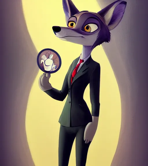 Image similar to oil painting of full body of anthromorphic female wolf, in style of zootopia, zootopia, zootopia, fursona, furry, furaffinity, 4 k, deviantart, furry art, fursona art, wearing black business suit, business suit, in style of zootopia, wolf fursona, cyberpunk, female, expressive detailed feminine face,