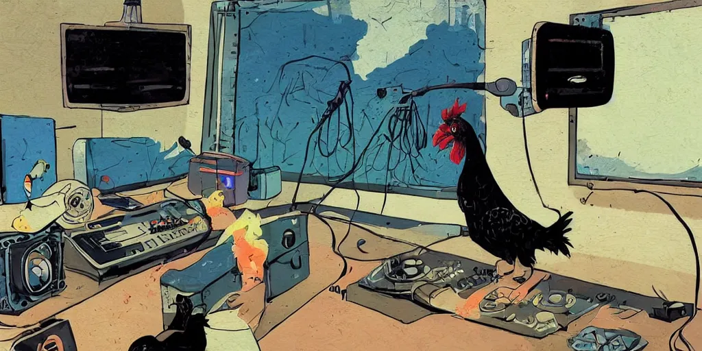 Image similar to 'black chicken'!!! smoking 'cannabis!!!!!!' in front of 'radio console'!!!! and 'multi monitors!!!!!!' in a tv broadcasting studio, artwork by James Gilleard