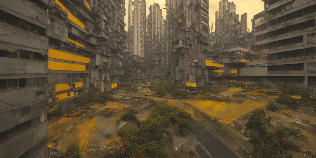 Prompt: brutalist yellow and black concrete cyberpunk with red and orange glow, architecture by Le Corbusier, abandoned red buildings, empty streetscapes, surrounded by lush green vegetation, ground-level view, puddles of water, stunning volumetric lighting, sunset, trending on Artstation, 8k, photorealistic, hyper detailed, unreal engine 5, cinematic, epic lighting, cryengine, octane render, dark, gloomy, foggy