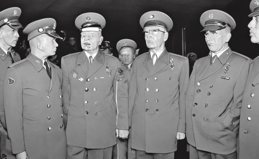 Prompt: 50s movie still close-up portrait of three individual elder soviet generals wearing general's cap with very diverses faces in a stalinist style hall, by Irving Penn, Cinestill 800t 50mm black and white, heavy grainy picture, very detailed, high quality, 4k, HD criterion, precise texture, facial precision, diverse haircuts, diverse ages, different expression