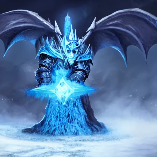 Prompt: the lich king commanding sindragosa dragon on a frozen battlefield trending on artstation