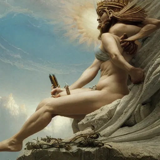 Image similar to Birth of Athena from the head of Zeus, hyperrealism, no blur, 4k resolution, ultra detailed, style of Greg Rutkowski, Carlos Schwabe, Dragan Bibin, Carl Spitzweg, Georges Desvallières, Tyler Edlin