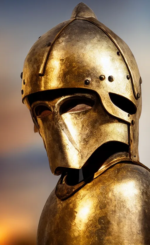 Image similar to a warrior wearing a hoplite helmet, museum photography, closeup, bokeh, golden hour