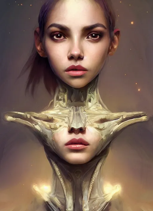 Image similar to a professional painting of a beautiful young female alien, clothed in ethereal armor, olive skin, long dark hair, beautiful bone structure, symmetrical facial features, intricate, elegant, digital painting, concept art, smooth, sharp focus, illustration, from Valerian and the City of a Thousand Planets, by Ruan Jia and Mandy Jurgens and Artgerm and William-Adolphe Bouguerea