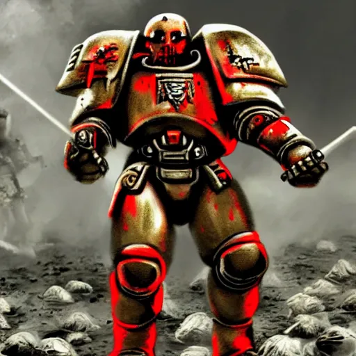 Image similar to heavy armor soldier wearing space marine like armor but in real life, walking in a river of blood full of human bloody dead bodies and human parts, shooting with his gun, explosions in background, painting style