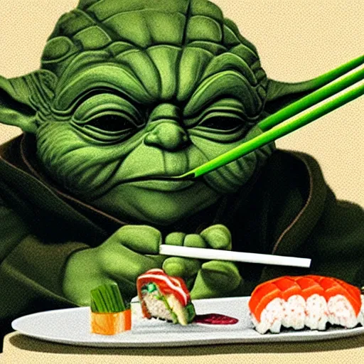 Image similar to yoda eating sushi with wood chopsticks, detailed, illustration, 2d, 4k