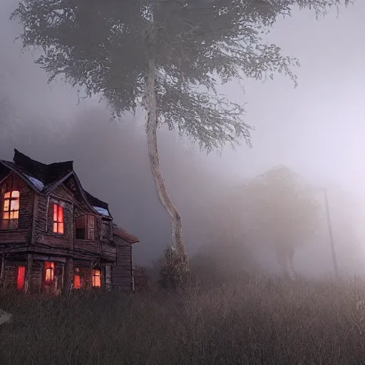 Image similar to Village, horror, fog, foster, highly detailed, game, one house, fear, hyper realistic, atmospheric lighting