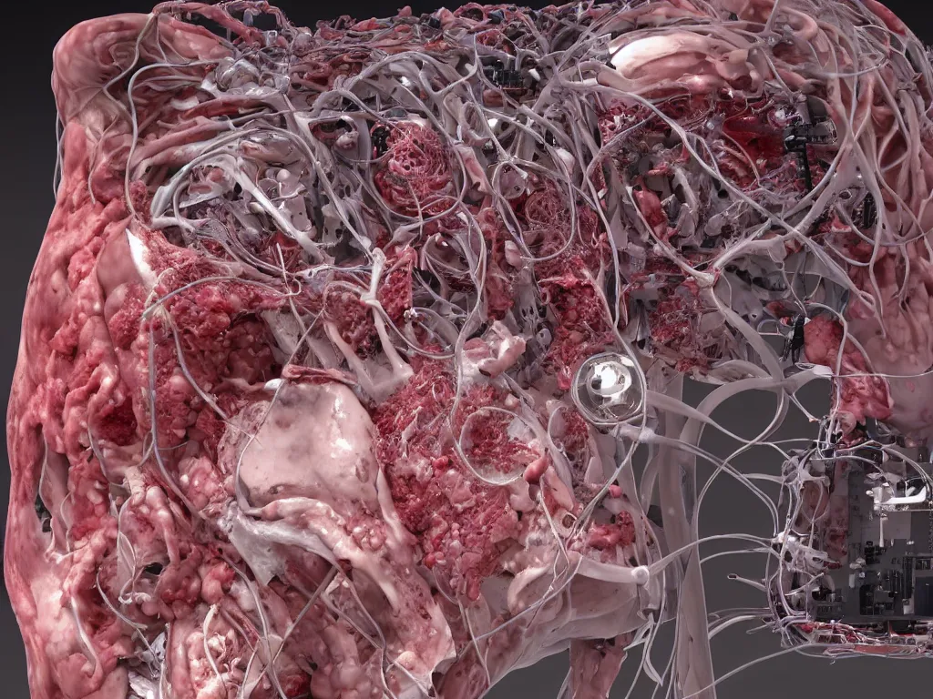 Prompt: Techno-biological meat personal computer in standard case with panel removed. Tumors, kidneys, graphics card, processor, wires. Body horror, biopunk, side view, high detail, ultra realistic, photorealism, 8k, art