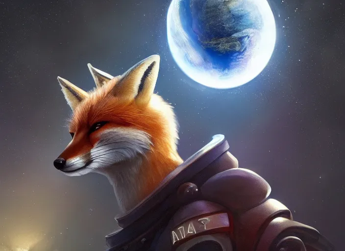 Prompt: An anthropomorphic fox as a retrofuturistic astronaut, helmet with led lights, freely floating in space, large planet in the background, volumetric lighting, glowing lights, 4k, octane, digital painting, artstation, concept art, cinematic film, sharp focus, illustration, art by artgerm and greg rutkowski and alphonse mucha , wide angle view,