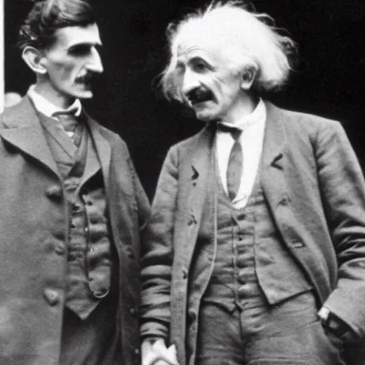 Prompt: historical black and white photograph of nikola tesla and albert einstein shaking hands