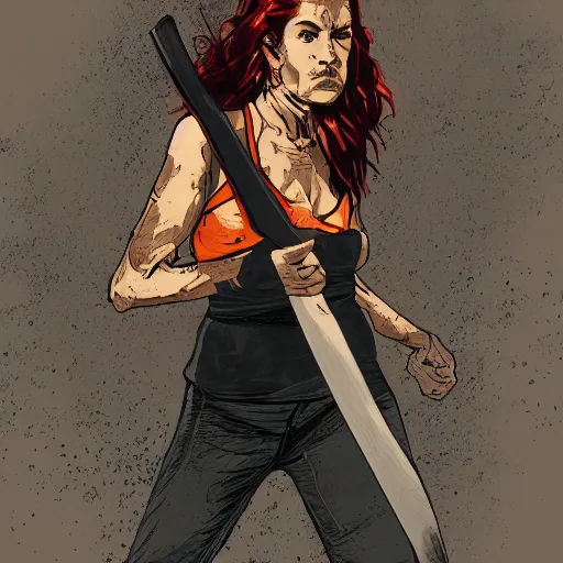 Prompt: A digital illustration of a woman holding a machete, by Frank Miller, trending on ArtStation,