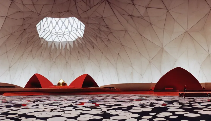 Image similar to interior of a futuristic lotus temple with gold, red and white marble panels, in the desert, by buckminster fuller and syd mead, intricate contemporary architecture with art nouveau motifs, photo journalism, photography, cinematic, national geographic photoshoot