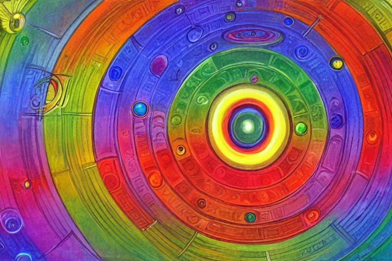 Prompt: painting of rainbow ophanim surrounded by large diagonally rotating rings, ophanim has bird wings, giant eyeball in the middle of the ophanim, by george clark stanton amazing details, mythological, biblical, beautiful composition