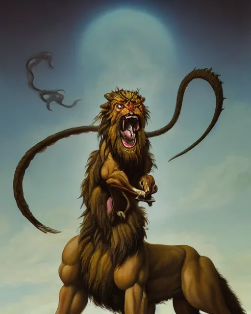 Image similar to oil painting of a mythical manticore, a legendary animal with the head of a man, the body of a lion, and the tail of a dragon or scorpion. in the style of michael whelan, darryl k. sweet, trending on artstation