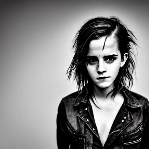 Prompt: Emma Watson, grungy, unkept hair, glowing eyes, modelsociety, wet from rain, radiant skin, huge anime eyes, bright on black, dramatic, studio lighting, perfect face, intricate, Sony a7R IV, symmetric balance, polarizing filter, Photolab, Lightroom, 4K, Dolby Vision, Photography Award