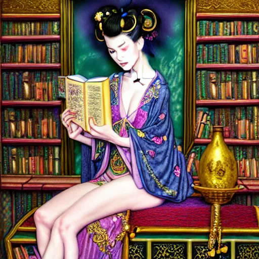 Prompt: a detailed fantasy pastel portrait of a woman wizard in ornate clothing lounging on a purpur pillow on the marble floor in front of her bookcase in a room, reading an ancient tome. to the side is a potted plant, moody light. ancient retrofuturistic setting. 4 k key art. raytracing, perspective, by chie yoshii and yoshitaka amano.