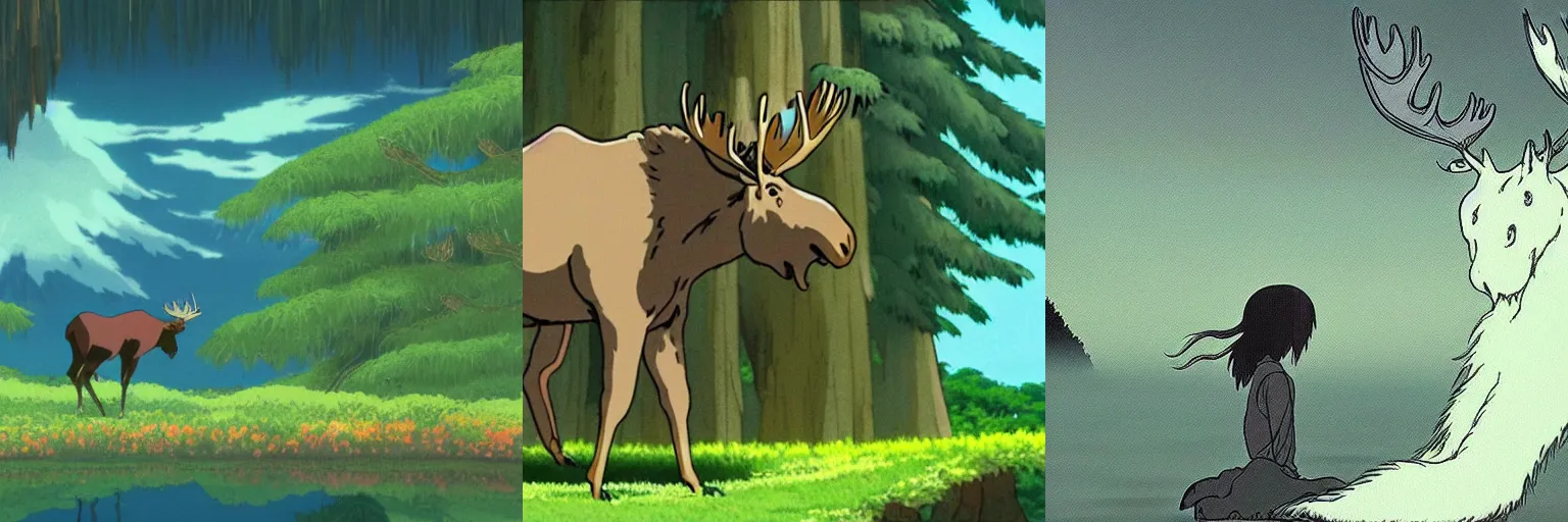 Image similar to a screenshot of the beautiful moose spirit from Studio Ghibli\'s \'Spirited Away\', immersed in nature