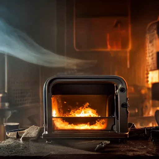 Image similar to toaster oven, dark messy smoke - filled cluttered workshop, dark, dramatic lighting, orange tint, cinematic, highly detailed, sci - fi, futuristic, movie still