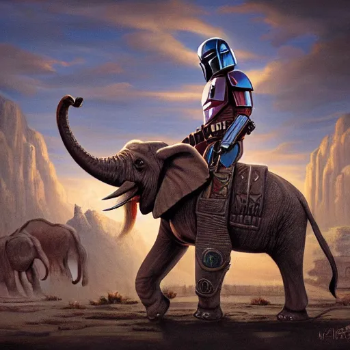 Prompt: painting of the mandalorian riding an elephant, intricate, high detail, in the style of mandalorian end credit concept art