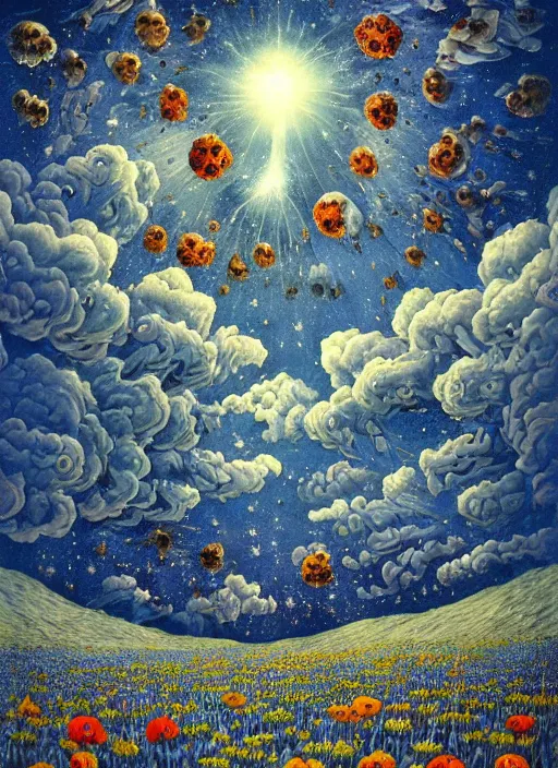 Image similar to detailed, intricate blue black and purple papaverum flower on the field, nebula, galaxy in the sky, winning award masterpiece, fantastically beautiful, illustration, aestheticly inspired, jacek yerka, upscale with anguissola sofonisba work, artstation, 8 k