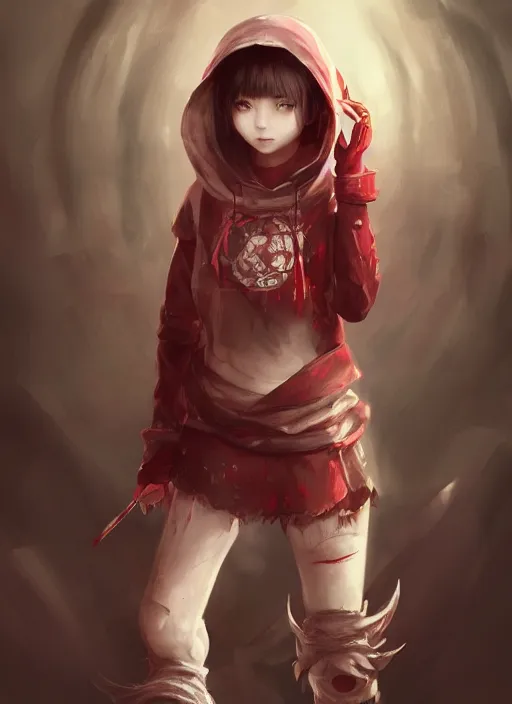 Image similar to a highly detailed illustration of short hair cute japanese girl wearing blood stained hoodie and bandages on arms, dramatic sadistic smile pose, intricate, elegant, highly detailed, centered, digital painting, artstation, concept art, smooth, sharp focus, league of legends concept art, WLOP