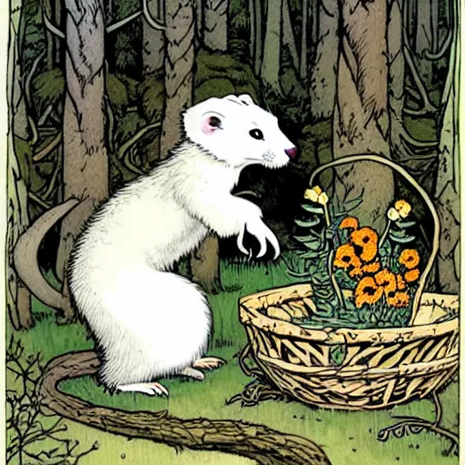 Prompt: A cute white-furred ferret-girl Herbalist collecting flowers in the forest. Absurdly-detailed fantasy character illustration by Rebecca Guay and Wayne Reynolds