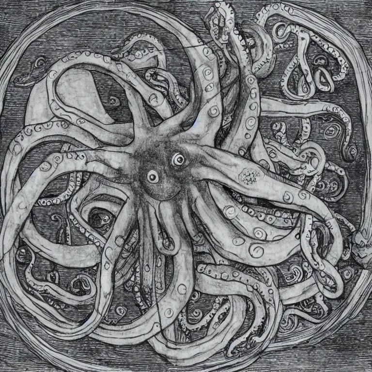 Image similar to Vitruvian Octopus, drawing by Leonardo da Vinci