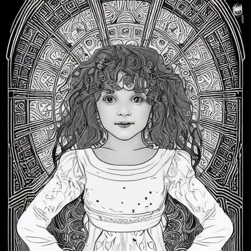 Image similar to clean simple line art of a little girl with wavy curly hair. no background. well composed, clean coloring book page, beautiful detailed face. coloring book line art by greg rutkowski and johanna basford and alphonse mucha