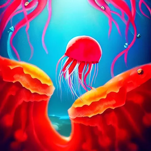 Image similar to fantasy red jellyfish swiming in blue waters, artstation, beautiful, colorful