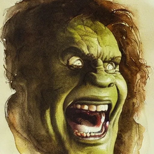 Prompt: Portrait of the hulk manically laughing. It is evening. The mood of the picture is dark and menacing. Watercolor. By Leonardo da Vinci.