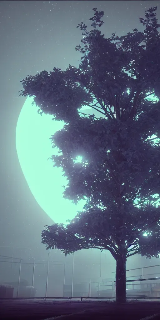 Prompt: photorealistic wide shot of a beautiful neonpunk tree in the moonlight, octane render, unreal engine 4k, volumetric light, fog, detailed