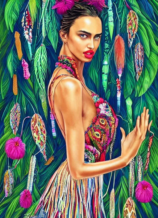 Image similar to beautiful portrait of Irina Shayk wearing fantastic Hand-dyed cotton dress,embellished beaded feather decorative fringe knots ,colorful pigtail,subtropical flowers and plants,symmetrical face,intricate,elegant,highly detailed,8k,digital painting,trending on pinterest,harper's bazaar,concept art, sharp focus, illustration,golden ratio,by artgerm,Tom Bagshaw,Lawrence Alma-Tadema,greg rutkowski