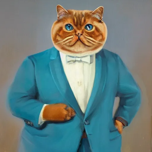 Image similar to ( ( ( ( ( man ) ) ) ) ) anthropomorphic british shorthair, wearing a turquoise tuxedo, oil on canvas, full shot, trending on artstation