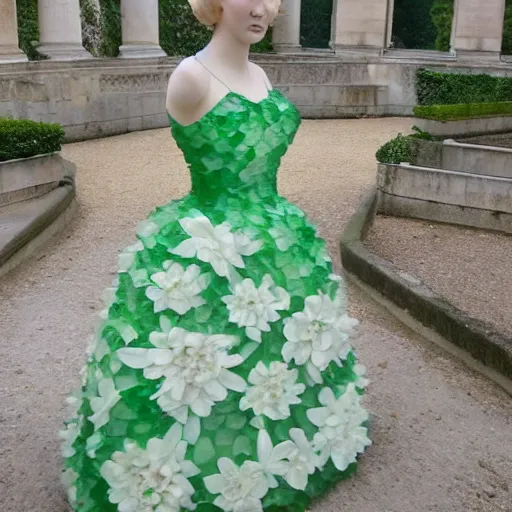 Prompt: a dress 👗 made out of glass at versailles and flowers real