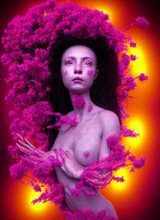 Image similar to hyper detailed 3d render like a chiariscuro Oil painting with depth - Aurora (Singer) looking adorable and seen in attractive dynamic pose joyfully Eating of the fine Strangling network of thin yellowcake aerochrome and milky Fruit and Her delicate Hands hold of gossamer polyp blossoms bring iridescent fungal flowers whose spores black the foolish stars to her smirking mouth by Jacek Yerka, Mariusz Lewandowski, Houdini algorithmic generative render, Abstract brush strokes, Masterpiece, Edward Hopper and James Gilleard, Zdzislaw Beksinski, Mark Ryden, Wolfgang Lettl, hints of Yayoi Kasuma, octane render, 8k