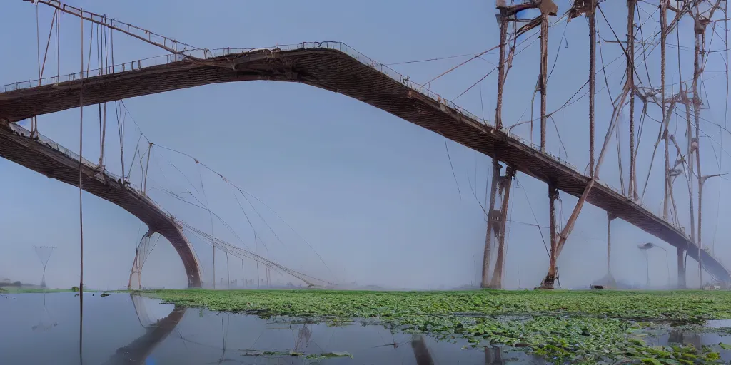 Image similar to a big bridge destroyed by cotton plants, 3 d octane render, epic lighting, 8 k, by goro fujita