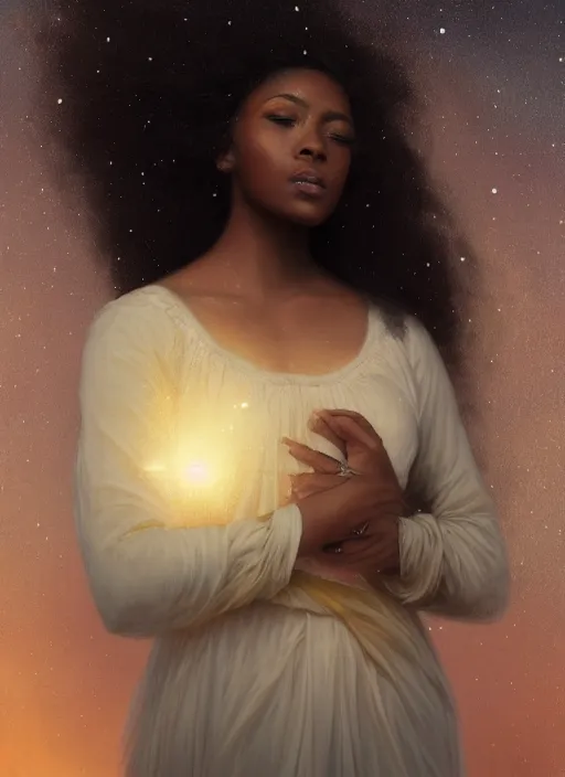 Image similar to oil painting close up portrait of a contemplative young black woman with long flowing hair in a dress made of nebular stardust galaxies, with white roses at sunset, crescent moon, hazy, digital art, chiaroscuro, artstation, cinematic, golden hour, concept art, digital art painting by greg rutkowski, william - adolphe bouguereau, hazy atmosphere, cinematic lighting