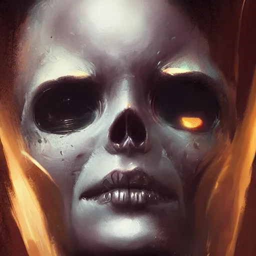 Prompt: a beautiful portrait of skull goddess by greg rutkowski and raymond swanland, dark background, trending on artstation