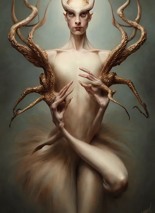 Image similar to ultra realistic, beautiful prima ballerina, in the style of peter mohrbacher by weta digital and beth cavener, high face symmetry, intricate, masterpiece, award winning, high face symmetry, intricate