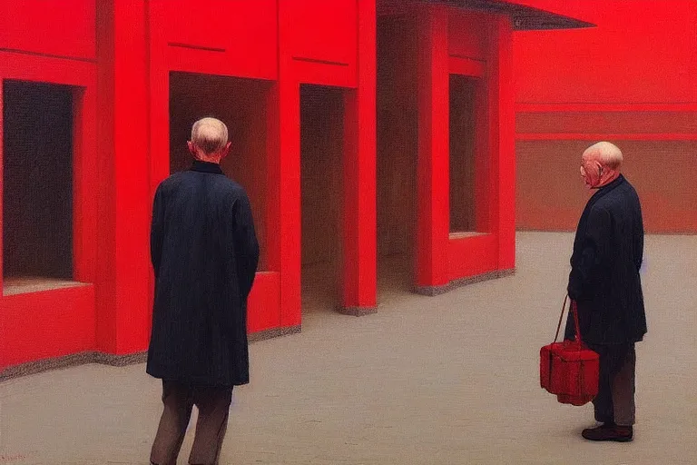 Image similar to only with red, a red old stylish man try to sell a portrait, crowd cheering, in a city square, in the style of beksinski, parts by edward hopper, parts by rodcenko, parts by yue minjun, intricate and epic composition, red by caravaggio, insanely quality, highly detailed, masterpiece, red light, artstation, 4 k