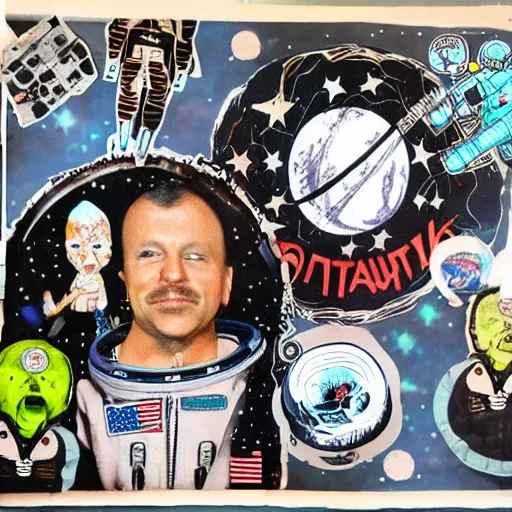 Prompt: astronauts in punk rock mixed media collage