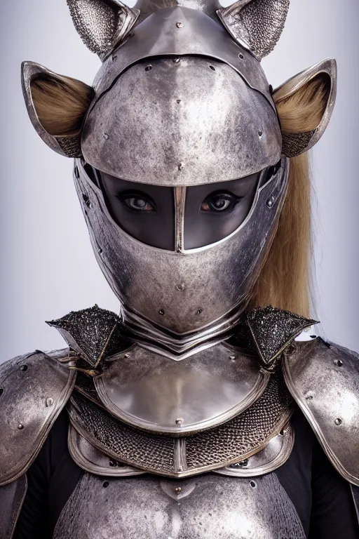 Image similar to female knight wearing a real cat on her head, armor designed by wayne barlowe, swarovski and tiffany, blonde hair, symmetry, sci - fi, cinematic, elegant, luxury, perfect light, perfect composition, dlsr photography, sharp focus, dark fantasy, 4 k, ultra hd, sense of awe, highly detailed, realistic, intricate