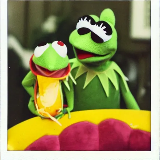 Image similar to Kermit the frog holding a banana, polaroid photo, instax, white frame, by Warhol,